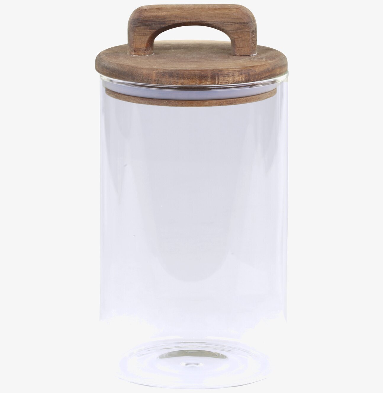 Foto av elegant glasburk med akaciaträlock