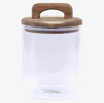 Bild av stilren glasburk med lock av akaciaträ