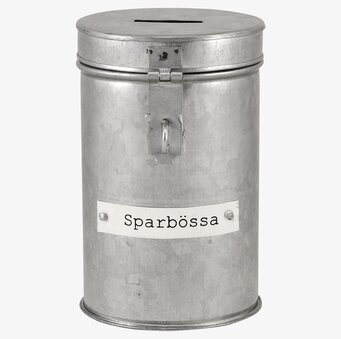 Plåtburk Sparbössa från Strömshaga i grå metall med lock