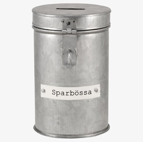 Plåtburk Sparbössa från Strömshaga i grå metall med lock