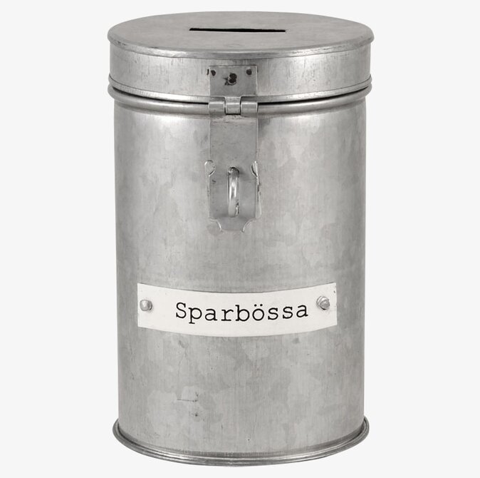 Plåtburk Sparbössa från Strömshaga i grå metall med lock