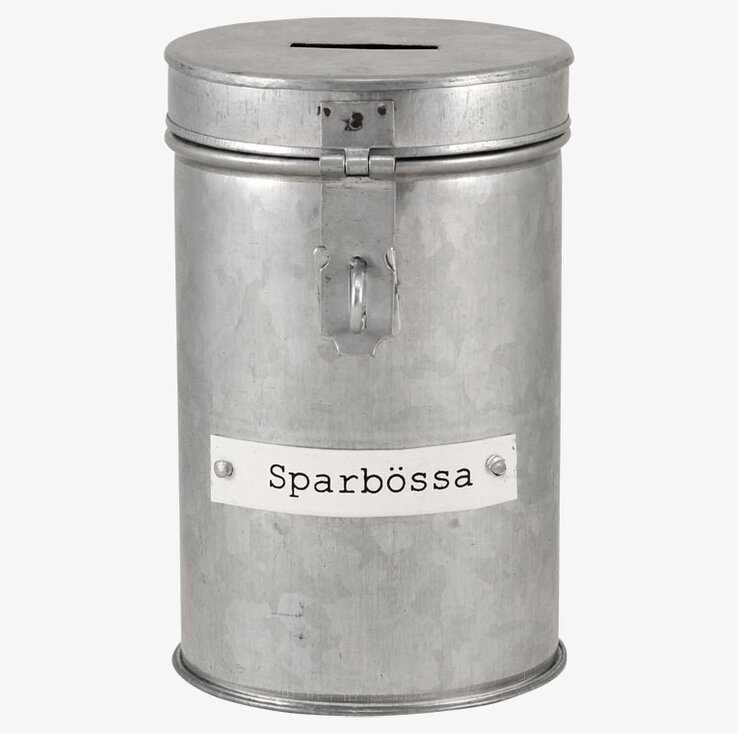 Plåtburk Sparbössa från Strömshaga i grå metall med lock