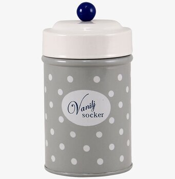 Plåtburk Barbro Vaniljsocker från Strömshaga i grått och vitt