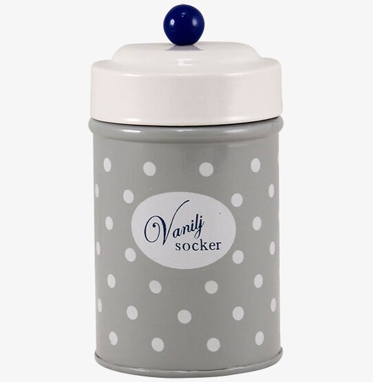 Plåtburk Barbro Vaniljsocker från Strömshaga i grått och vitt