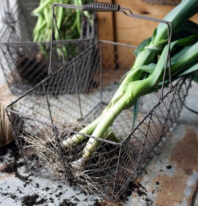 Bild av rustik nätkorg med purjolökar och grönsaker