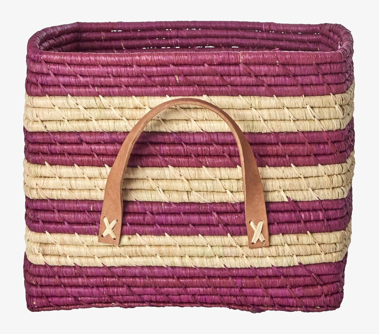 Bild av färgstark rektangulär raffiakorg med läderhandtag