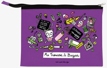 Bild av lila plåtväska med lekfull design och kattmotiv