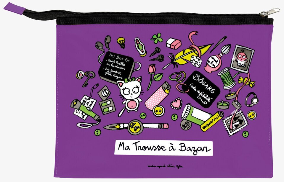 Bild av lila plåtväska med lekfull design och kattmotiv