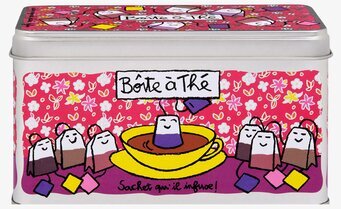 Plåtburk Tepåsar Röd från Derriére la porte med te-motiv