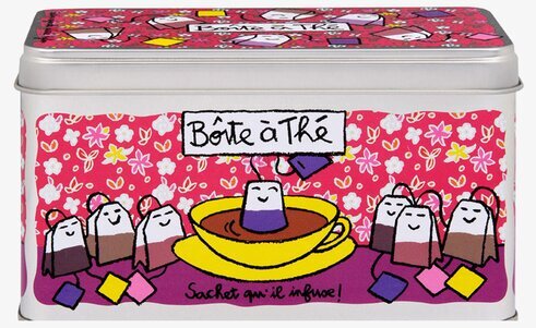 Plåtburk Tepåsar Röd från Derriére la porte med te-motiv