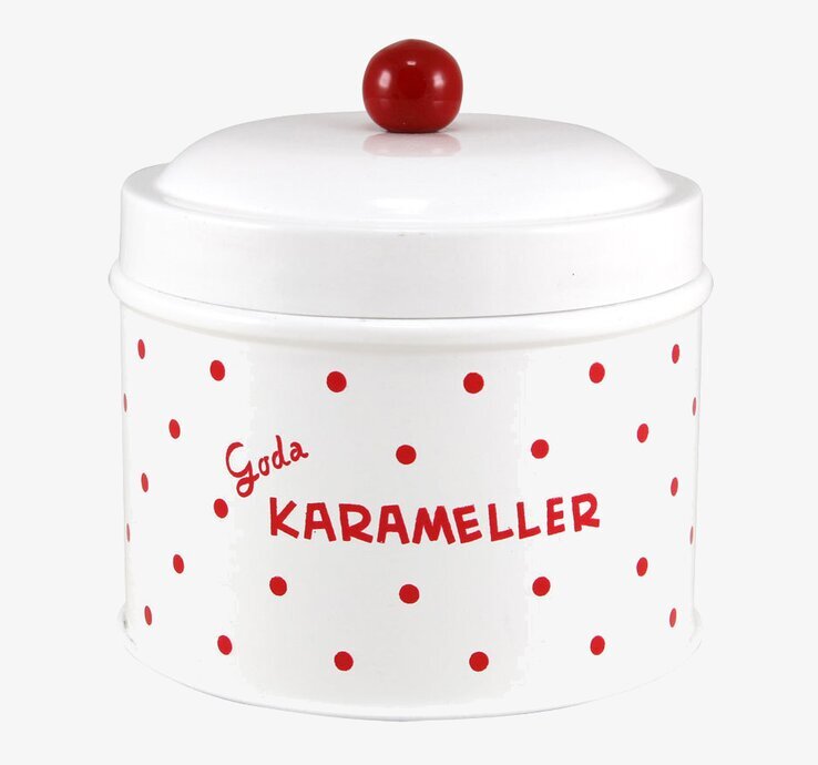 Plåtburk Karameller från Strömshaga med röda prickar