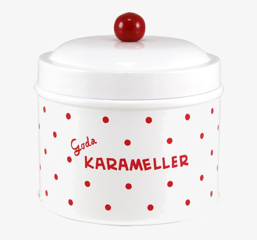 Plåtburk Karameller från Strömshaga med röda prickar
