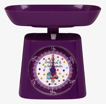 Foto av retroinspirerad lila köksvåg med färgglad design