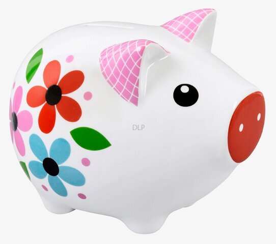 Foto av en färgglad och kreativ spargris med blommönster