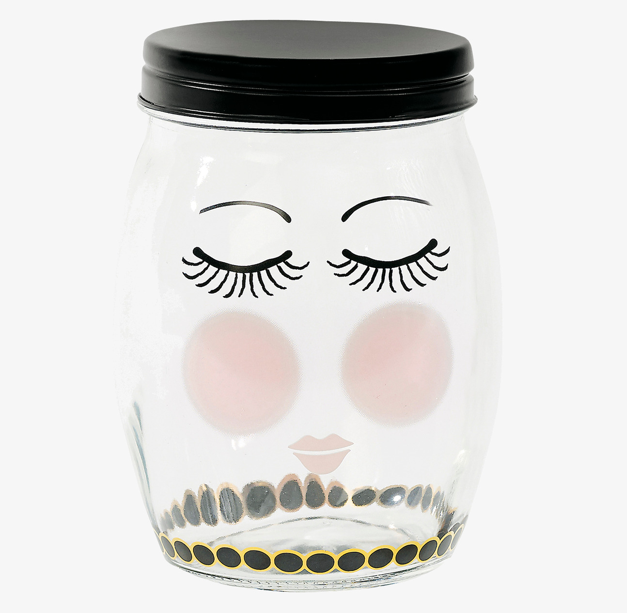 Bild av stilren glasburk med ansiktsmotiv och mönster