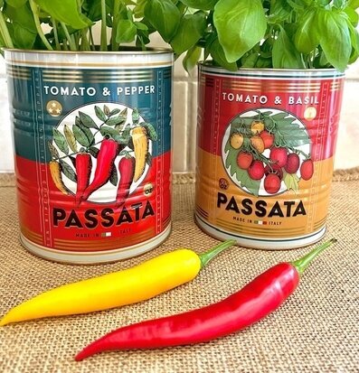 Plåtburk/Plåtkruka Passata från Bromma Kortförlag med tomater