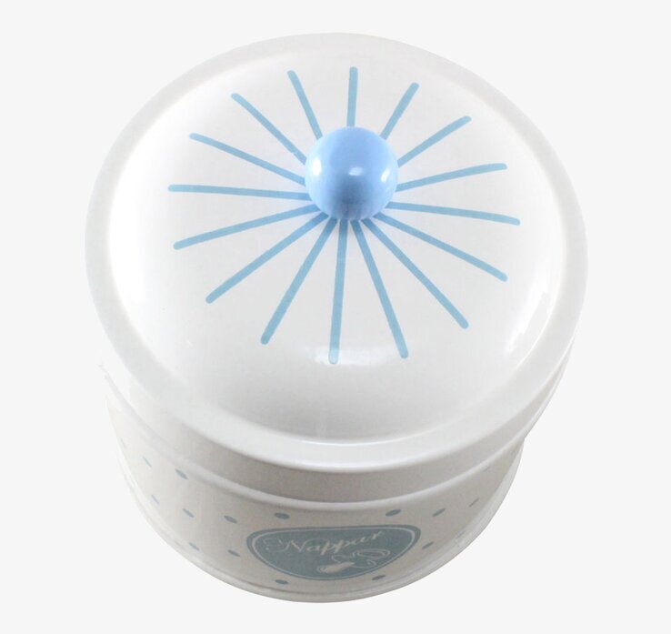 Plåtburk Nappar Ljusblå från Strömshaga med prickigt mönster