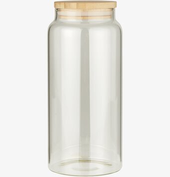 Bild av stilren glasburk med bambulock för förvaring