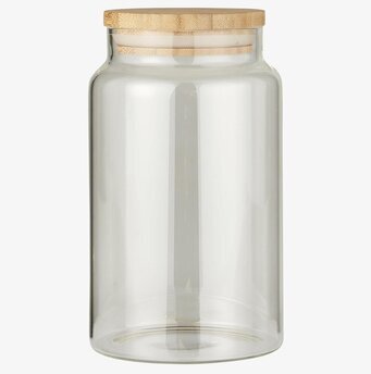 Bild av stilren glasburk med bambulock för förvaring