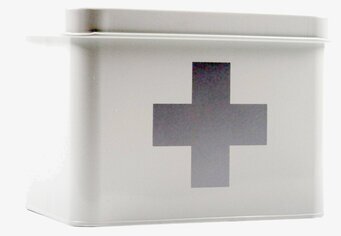 Foto av stilren och funktionell vit medicinlåda i metall