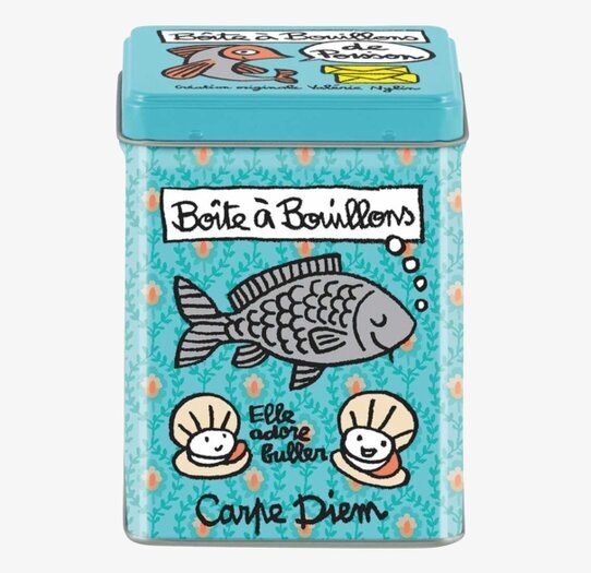 Plåtburk Fiskbuljong från Derriére la porte med fiskmotiv