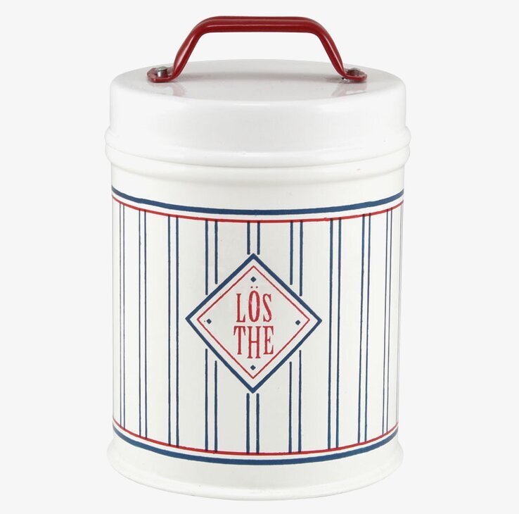 Plåtburk Melker Thé från Strömshaga med vit och röd design