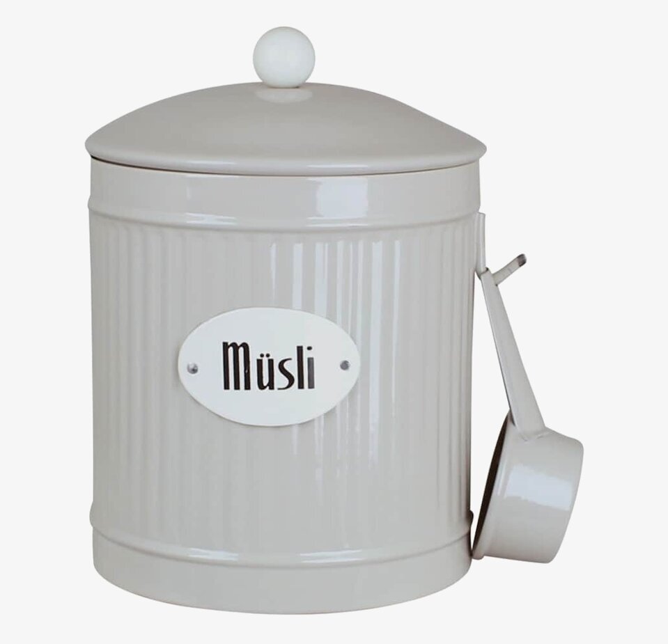 Plåtburk Müsli Beige från Strömshaga med skopa och etikett
