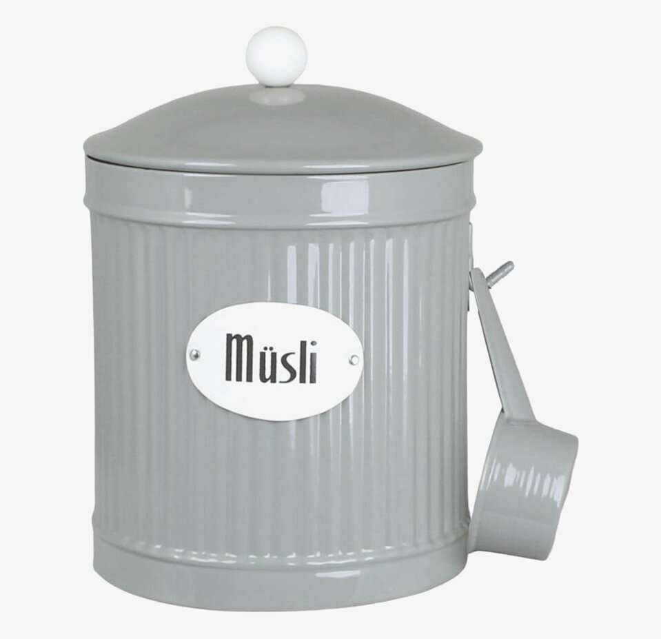 Plåtburk Müsli Grön från Strömshaga i grönt med skopa