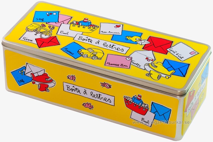 Plåtburk Vykort/Brev gul från Derriére la porte med illustrationer