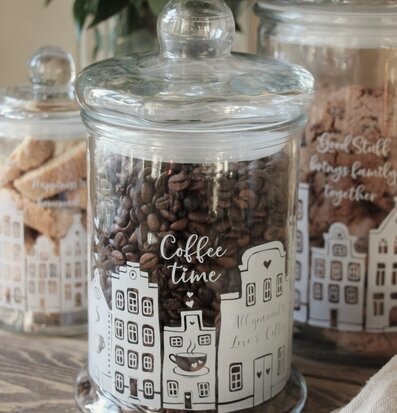 Bild av elegant glasburk med kaffetema och detaljer