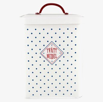 Plåtburk Melker Tvättmedel från Strömshaga med blå prickar