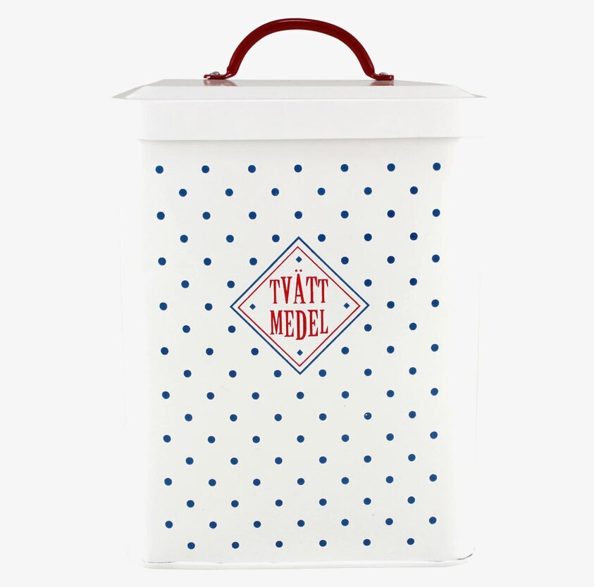 Plåtburk Melker Tvättmedel från Strömshaga med blå prickar