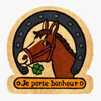 Bild av livfull dörrmatta med lyckobringande motiv