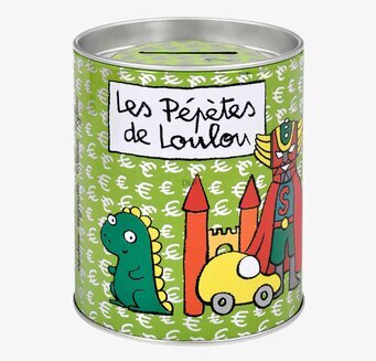 Bild av lekfull sparbössa med dinosaurie och riddarborg