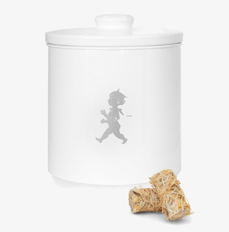 Bild av elegant vit förvaringsburk med träull