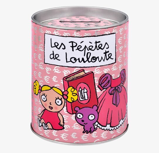 Bild av rosa sparbössa med lekfull design och motiv