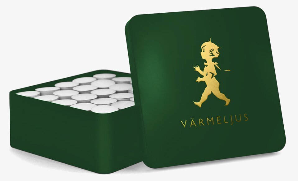 Plåtburk Värmeljus Grön/Guld från Solstickan med emblem