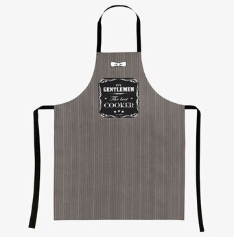 Foto av stilrent grått förkläde med text och fluga