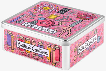 Plåtburk Sybehör från Derrière la porte med färgglada mönster