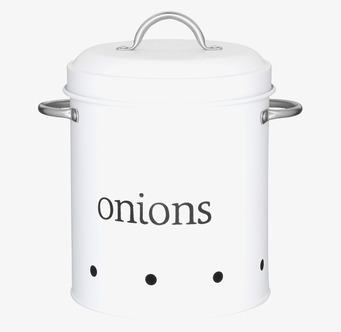 Bild av vit plåtburk för lök med ventilationshål