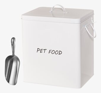 Bild av stilren vit plåtburk för djurmat med skopa