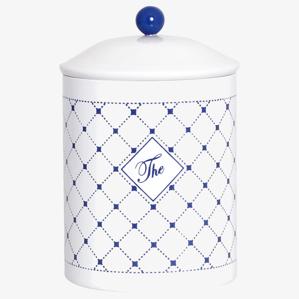 Plåtburk Gunnel The från Strömshaga med blått rutmönster