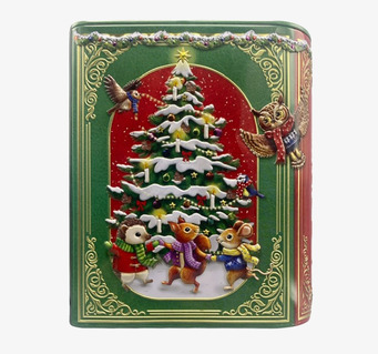 Bild av plåtburk som bok med julmotiv och djur