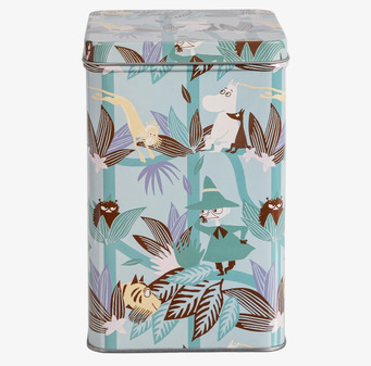 Bild av plåtburk med Muminmotiv i blågröna nyanser