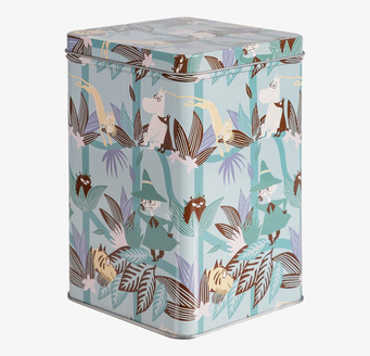 Bild av kvadratisk plåtburk med Muminmotiv i blågrönt