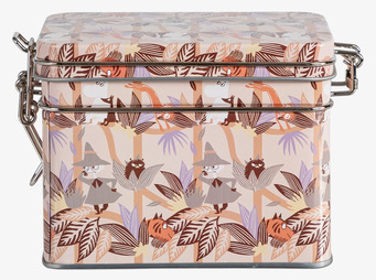 Bild av färgglad plåtburk med Muminmotiv och retrodesign