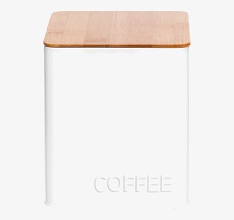 Bild av stilren vit plåtburk med trälock för köket