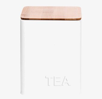 Bild av stilren vit plåtburk med trälock för köket