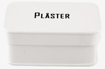Plåtburk Svarte Petter Plåster från Strömshaga, vit med text
