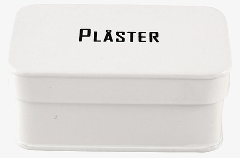 Plåtburk Svarte Petter Plåster från Strömshaga, vit med text